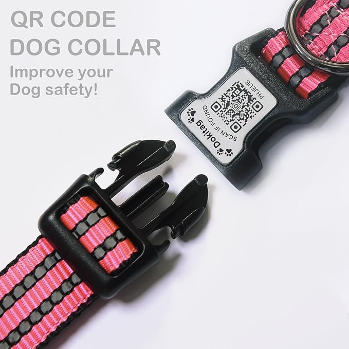 Reflective Dog Collar with Apple AirTag Holder & QR Code Pet ID Tag,Soft Nylon Adjustable Dog Tracker Collar with Safety Lock for Large Dogs(Rose Red, L)