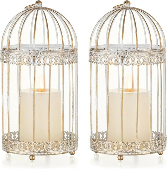 NUPTIO Decorative Bird Cage Lantern: 2 Set of 10 inch Tall Rustic White Birdcage Lanterns Centerpiece Vintage Decorating Metal Pillar Candle Holder for Christmas Bridal Shower Party Decor