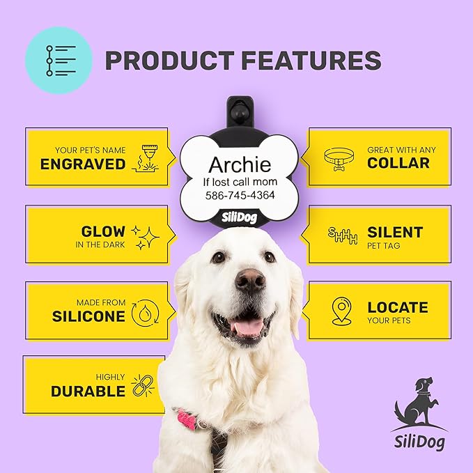 SiliDog AirTag Holder Silent Dog ID Tag – Personalized Engraved Silicone Pet Tag – Durable, Glow-in-The-Dark – White Bone