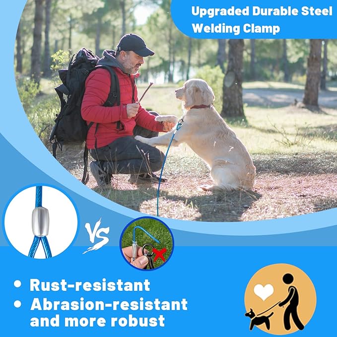 Dog Tie Out Cable 10/15/20/25/30 FT Runner for Yard Steel Wire Cable with Durable Superior Clips Blue Chains for Outside Dog Lead for Large Up to 165 Lbs