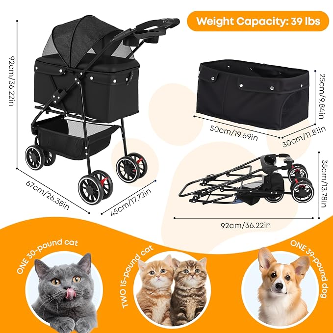 Pet Stroller,Dog Stroller for Small Medium Dogs Cats,3 Wheels,Foldable,with Breathable Mesh Canopy,Cup Holders,Easy Assembly,Black