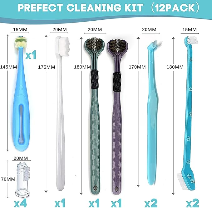 Dog Toothbrush, 360 Degree Finger Toothbrush, Triple Head Toothbrushes,Cleaning Brushes for Dog Cat Oral Dental Health (12 Kit)