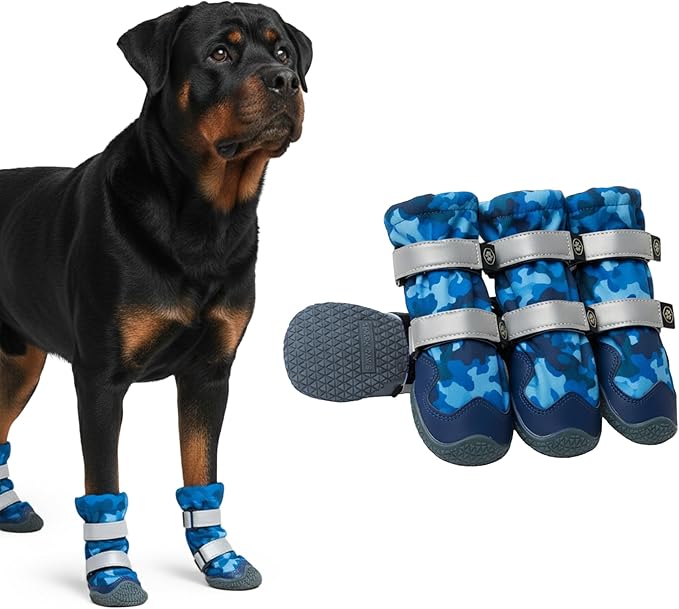 Spark Paws Dog Shoes, Waterproof Dog Boots for Medium to Large Dogs, Non Slip, Breathable Dog Booties and Paw Protectors - 4PCS Doggie Hiking Boots with Reflective Straps, Blue Camo, Size 7