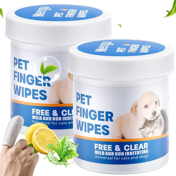Pet Dental Finger Wipes for Dogs & Cats, 120 Count Dog Teeth Cleaning Dental Finger Wipes No-Rinse Cat & Dog Tooth Brushing Kit, Remove Plaque and Tartar & Freshens Breath (60 Count x2)
