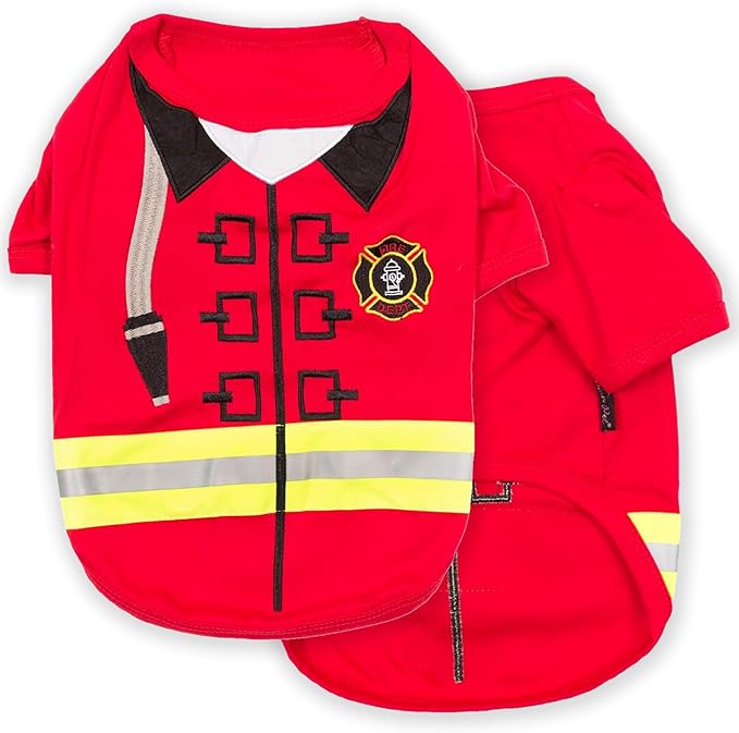 Parisian Pet Embroidered Firefighter Dog Costume - 100% Cotton & Polyester, Sleeved, Medium Dog Size, Red, Lightweight