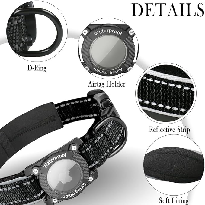 Upgraded AirTag Dog Collar, IP68 Waterproof Dog Collar with Apple Air Tag Holder, Reflective Adjustable Heavy Duty Dog Collars with Soft Padded for Small, Medium and Large Dogs,Black, M