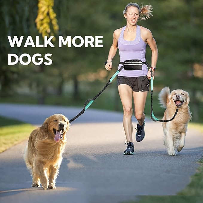 Hands Free Dog Leash with Pouch, Double Leash for Two Dogs, Retractable Bungee with Double Padded Handles, Waist Leash for Dog Walking, Running Leash for Dogs, Dog Walking Accessories