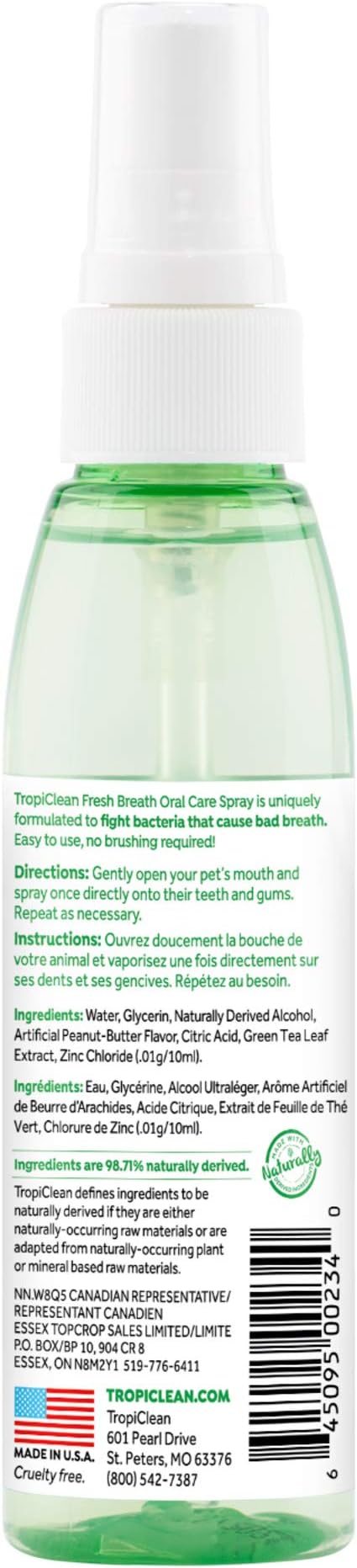TropiClean Fresh Breath Spray for Dogs & Cats | Peanut Butter Flavored | Travel-Ready Pet Breath Freshener Spray | Made in the USA | 4 oz.