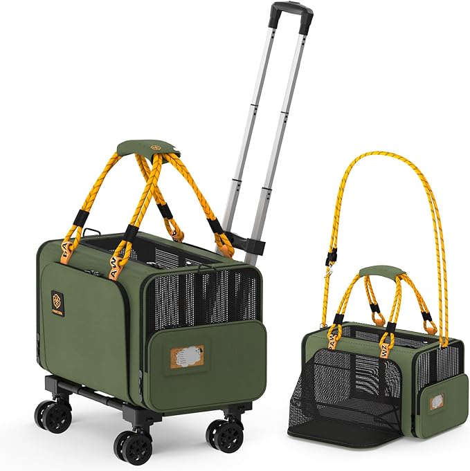 PAWZIDEA Expandable Pet Carrier with Wheels, 18X11X11 TSA Airline Approved Cat Carrier w/ID Card for 2 Cats, Small Dog Carrier Car Seat Travel Bag, Max Weight Recommendation 18 lbs，Green