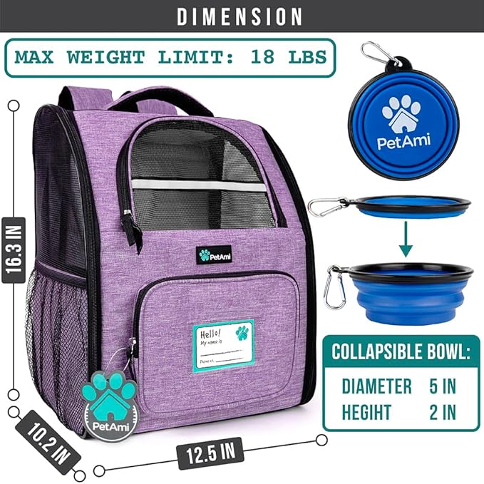 PetAmi Dog Backpack Carrier for Small Large Cat, Pet, Puppy, Ventilated Pet Hiking Backpack Travel Bag, Airline Approved Cat Backpack Carrier, Camping Biking Dog Bag Up to 18lbs Pet, Purple