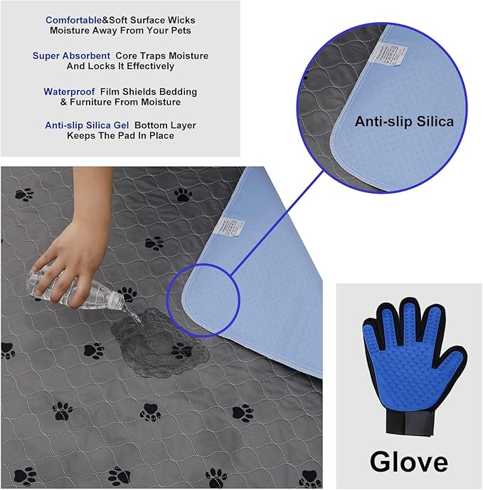 SincoPet Washable Pee Pads for Dogs + Free Puppy Grooming Gloves/Quilted, Fast Absorbing Machine Washable Dog Whelping Pad/Waterproof Puppy Training Pad/Housebreaking Absorption Pads