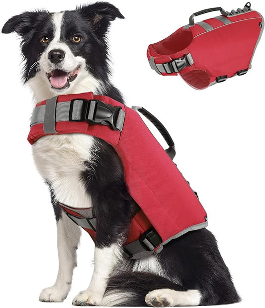 Pawaboo Dog Life Jacket, Reflective Dog Safety Vest Adjustable Pet Life Preserver with Strong Buoyancy & Sturdy Rescue Handle, Ripstop Dog Lifesaver Vests for Swimming, Boating, L, Red