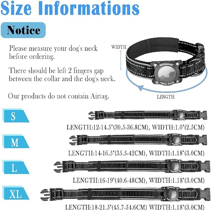 Upgraded AirTag Dog Collar, IP68 Waterproof Dog Collar with Apple Air Tag Holder, Reflective Adjustable Heavy Duty Dog Collars with Soft Padded for Small, Medium and Large Dogs,Black, L
