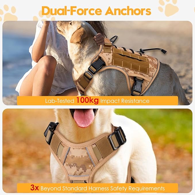 Heavy-Duty Tactical Dog Harness for Large Dogs, No Pull Adjustable Reflective Pet Vest with Molle System, K9 Military-Grade Control for Service Training, Outdoor & 10+ Breeds, Khaki Camo, Medium