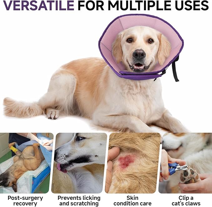 Dog Cone Collar M, Soft Cones for Large Medium Small Dogs,Adjustable Dog Cone Alternative to Stop Licking, Comfy Elizabethan Collar for After Surgery Wound Healing & Hot Spots Purple