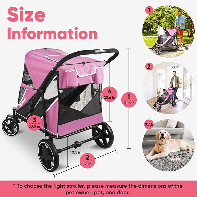 Petbobi Dog Stroller for Medium Dogs - Easy Fold Dual Entry Pet Stroller with One-Foot Brake, All Terrain Wagon Cart with Large Air Mesh, Ideal for Large Senior Pets up to 80 lbs, Pink