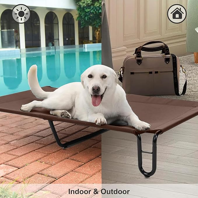 pettycare Elevated Outdoor Dog Bed - Cots Beds for Large Dogs XL, Waterproof Raised Cot Easy to Assemble, Cooling with Teslin Mesh, Durable, Non Slip, Up to 85 lbs, Brown