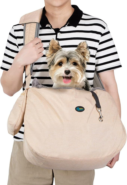 Ownpets Pet Sling Carrier, Fits 15 to 25lbs Extra-Large Dog/Cat Sling Carrier Reversible and Hands-Free Dog Bag with Adjustable Strap and Pocket Shoulder Pad, Beige