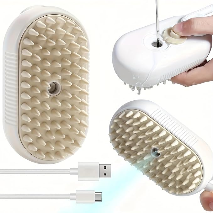 Puffease Cat Steam Brush, Spritz Defur Comb for Cats, Quick & Easy Pet Hair Remover, Massaging & Deshedding - Anti-Static, Moisturizing, USB Rechargeable for Dogs & Cats (Brown)