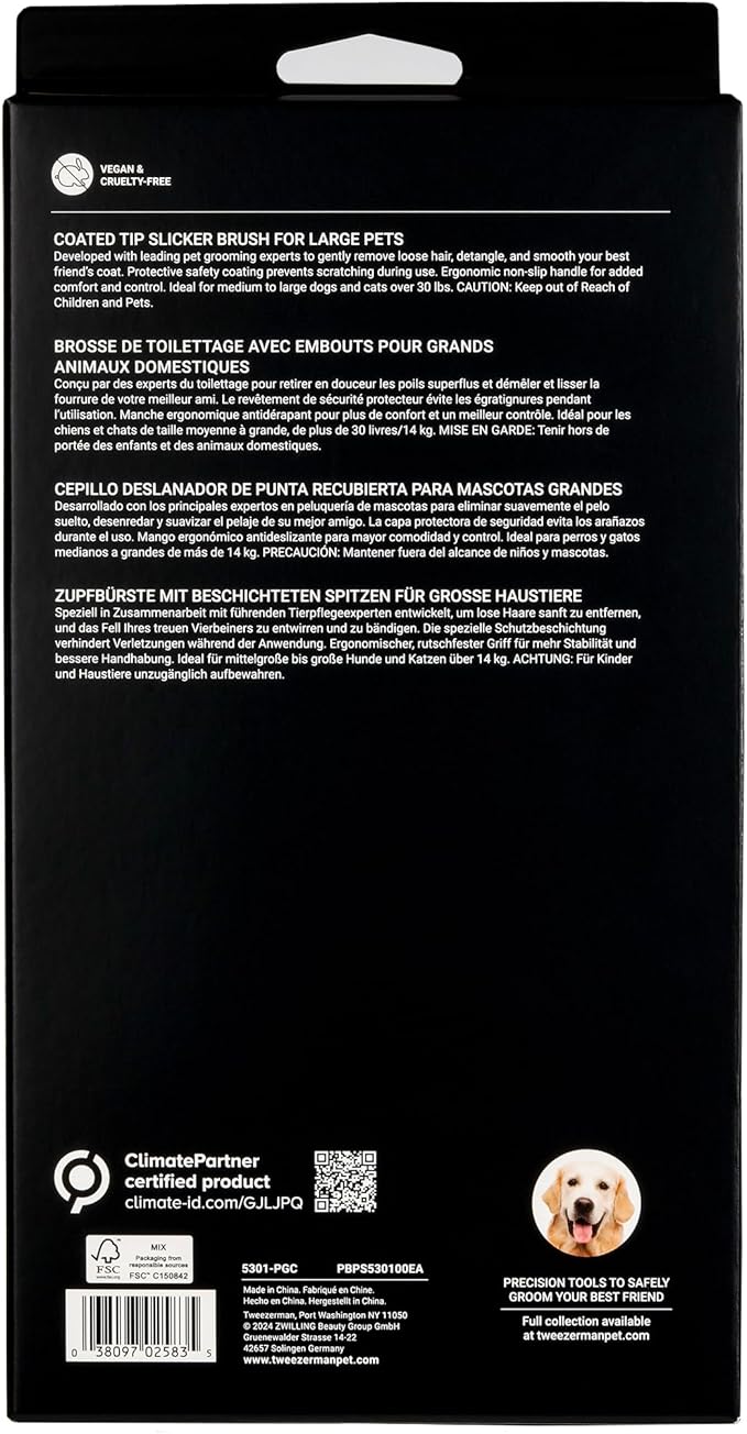 Tweezerman Dog and Cat Slicker Brush for Large Pets, Grooming Brush with Coated Bristles to Prevent Scratching and Ergonomic Handle