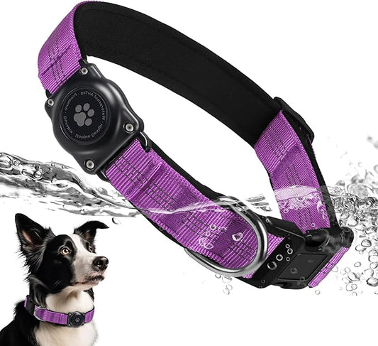 Upgraded AirTag Dog Collar, IP68 Waterproof Air Tag Dog Collar Holder, Reflective, Ultra-Durable, Comfortable Padded, Heavy Duty Dog Collars for Small Medium Large Dogs (M (12.6"-17.1"), Purple)