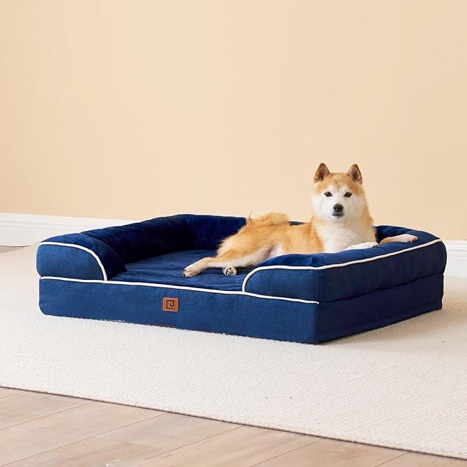 EHEYCIGA Orthopedic Dog Beds for Large Dogs, Waterproof Memory Foam Large Dog Bed with Sides, Non-Slip Bottom and Egg-Crate Foam Pet Couch Bed with Washable Removable Cover, Navy