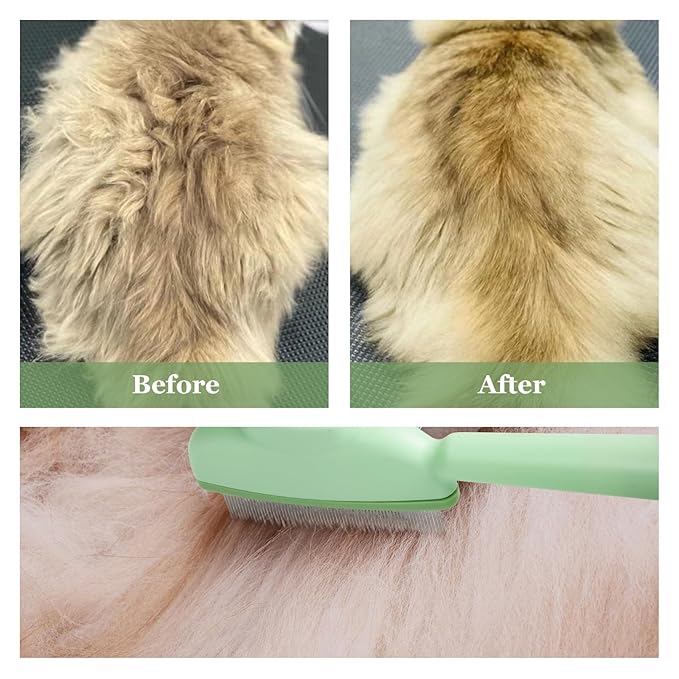 Pet Comb for Cats & Dogs, One-Touch Hair Release Button, Dense-Tooth & Mixed-Length Teeth 2-Piece Set, for Long & Short Hair, Gentle Pain-Free Design (Green)