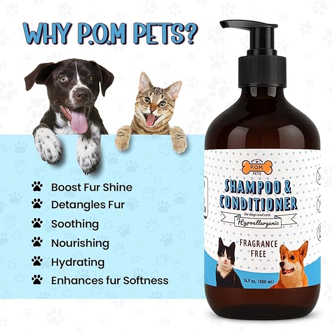 POM Pets 2-in-1 Organic Dog Shampoo & Conditioner – Itchy Skin Relief, Dog Deshedding, Detangles Fur, Cat Shampoo, Paw Cleaner for Dogs, Natural Coat Defense Formula