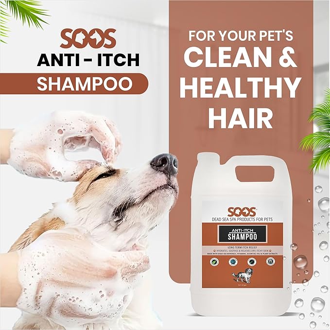 Soos Pet Shampoo Anti-Itch Natural Dead Sea Minerals Cat and Dog Shampoo with Vitamins Essential Oils Natural Ingredients Soothes Itching Clean Fur - 1x Pets Shampoo (4L)