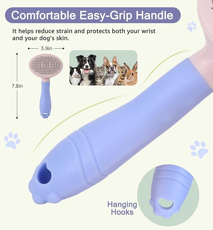Pet Self-Cleaning Slicker Brush for Dogs & Cats, Deshedding Grooming Comb, Removes Loose Undercoat Hair & Mats, Skin-Friendly Massaging Tool for Long/Short Fur, Large & Small Breeds (Purple)