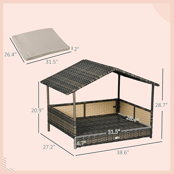 PawHut Wicker Dog House Outdoor with Canopy, Rattan Dog Bed with Water-Resistant Cushion, Raised Dog Bed for Small, Medium Dogs up to 66 lbs, 19.75" in Length, Brown Wicker, Khaki Cushion