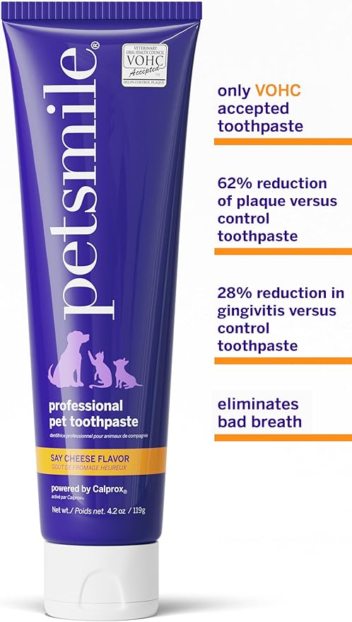 Petsmile Professional Pet Teeth Brushing Kit for Cats & Dogs - Only VOHC Accepted Toothpaste & Patented Toothbrush - Proven to Control Plaque & Tartar Calprox Formula (Say Cheese, 4.2 Oz)