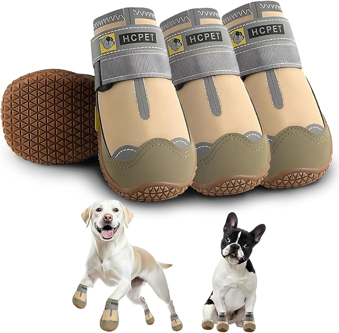 Hcpet Dog Shoes for Large Dogs, Waterproof Dog Booties for Small Medium Dogs, Anti-Slip Dog Boots & Paw Protectors for Hot Pavement Winter Snow Hiking with Reflective Straps Khaki Size 2