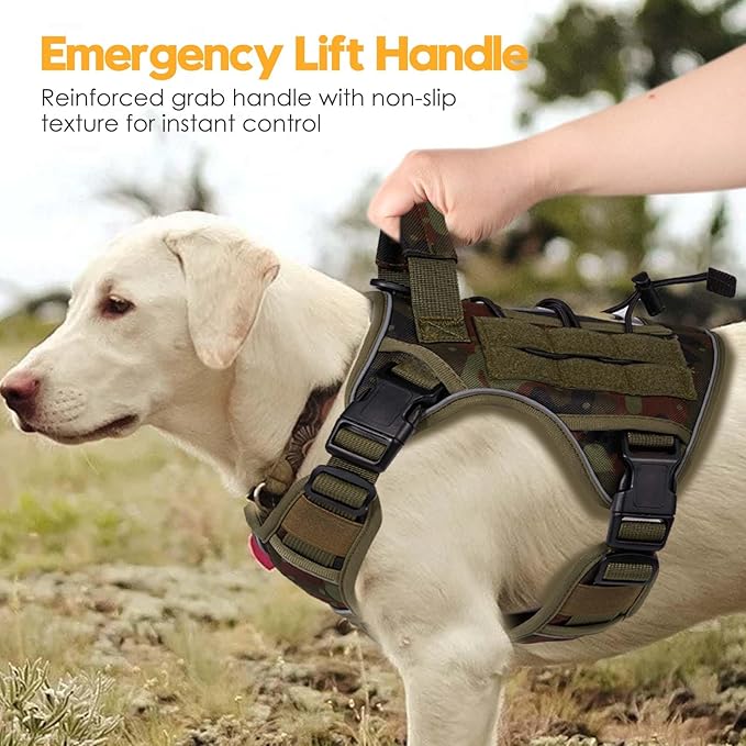 Heavy-Duty Tactical Dog Harness for Large Dogs, No Pull Adjustable Reflective Pet Vest with Molle System, K9 Military-Grade Control for Service Training, Outdoor & 10+ Breeds, Green Camo, Small