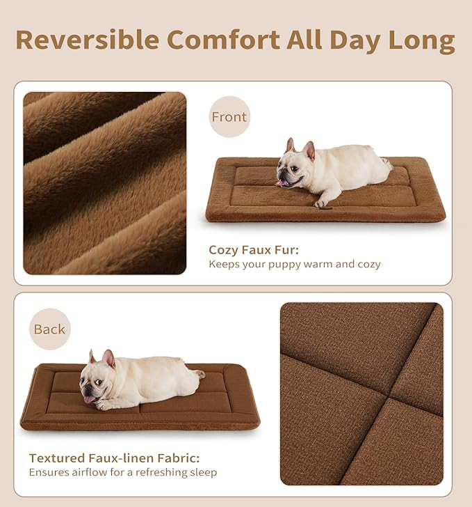 Made4Pets Dog Crate Pad Bed for Large Dogs, Washable & Reversible, Anti-Slip Kennel Mat for Cozy Sleeping, Soft Fluffy Dog Bed for Indoor & Outdoor Use, 44"x32", Brown