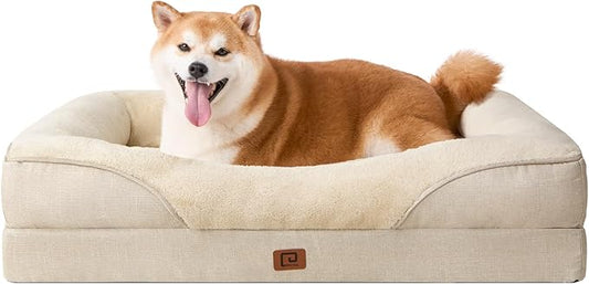 EHEYCIGA Memory Foam Dog Bed for Large Sized, Orthopedic Dog Sofa with Sides and Waterproof Liner, Washable Bolster Pet Bed Couch with Removable Cover, 36x27x7 Inch, Beige
