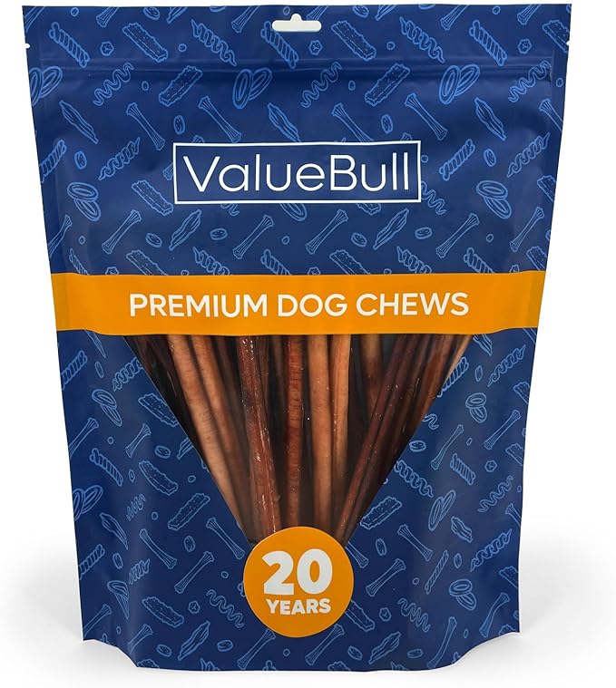 ValueBull Bully Sticks for Small Dogs, Thin 12 Inch, 25 Count - All Natural, Grass Fed, Single Ingredient, Long Lasting Dog Treats