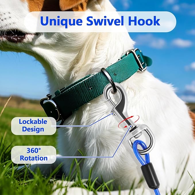 Heavy Duty Dog Tie Out Cable and Stake,30FT Rust Proof Dog Tether Leads for Yard,360°Swivel Spiral Dogs Stake&Chain Up to 200 lbs, Ground Anchor for Outdoor Beach Camping