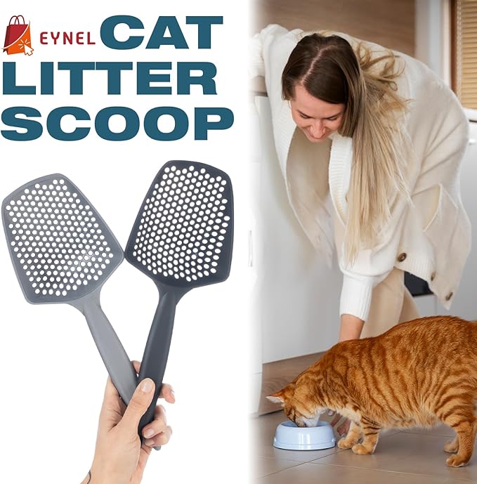 Set of 3 Cat Litter Scoop with Small Holes, Deep Sifting Shovel for Fine Litter, Reptile Terrarium Sand & Rabbit Pooper Lifter, Hanging Handle Poop Scooper (Gray, Set of 3)
