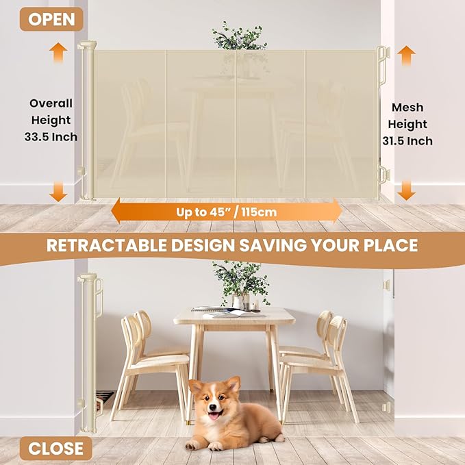 Reinforced Retractable Baby Gate or Mesh Dog Gate,Easy to Use for Stairs, Doorways, Hallways, Indoor, Outdoor, Wide Pet Gate 33.5" Tall, Extends to 45" Wide, Cream