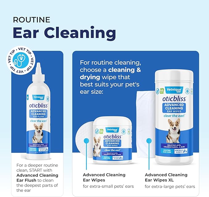 Vetnique Oticbliss Advanced Cleaning Ear Wipes for Dogs for Odor Control, Dirt and Wax Removal with Soothing Aloe Vera, Salicylic Acid & Vitamin E, (Ear Cleaning Wipes, Advanced Cleaning Large)