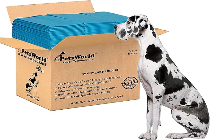 PETSWORLD Giant Dog Potty Pads, Odor-Eliminating, 36" x 36", Ultra Absorbent 5-Layer Leak-Proof Training Pads for Dogs & Cats (36x36, 150 Count)