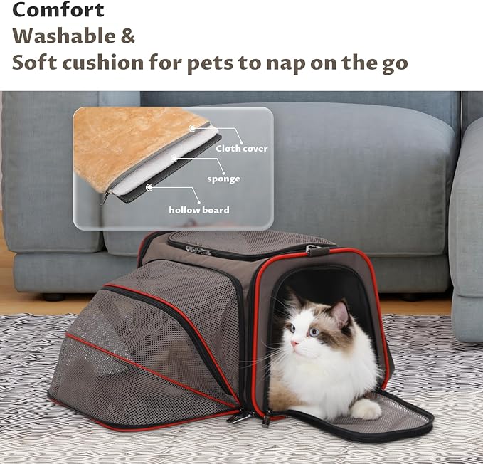 Petsfit Expandable Cat Carrier Dog Carriers,Airline Approved Soft-Sided Portable Pet Travel Washable Carrier for Kittens,Puppies,Removable Soft Plush mat and Pockets,Locking Safety Zippers