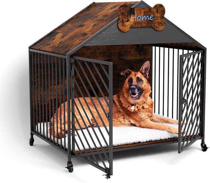 Heavy Duty Dog Crate Furniture for Large Breed - 39.4" Chew-Proof Kennel with Gable Roof, Double Door Escape-Proof Indoor Dog Cage, Rustic Brown