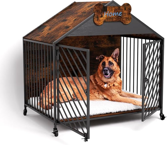 Heavy Duty Dog Crate Furniture for Large Breed - 39.4" Chew-Proof Kennel with Gable Roof, Double Door Escape-Proof Indoor Dog Cage, Rustic Brown