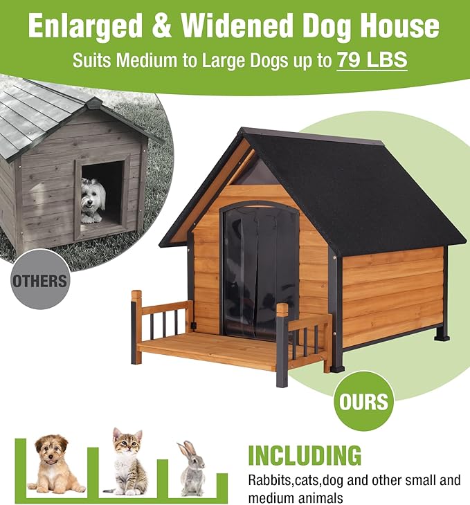 Large Dog House Outdoor Weatherproof with Porch, All-Metal Frame Chew-Proof Dog Kennel with Asphalt Roof, for Small Medium Large Dogs