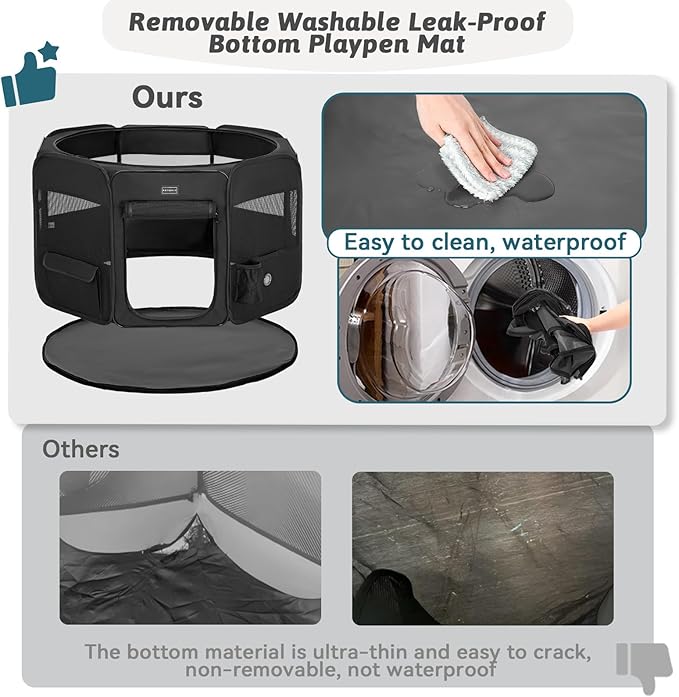 PETSFIT Portable Dog Playpen,36" Dog Play Pen Indoors with Removable Waterproof Mat & Zippered Roof | RV, Camping, Travel Dog Pen | Whelping & Cat Observation Space(36" L x 36" W x 21" H)