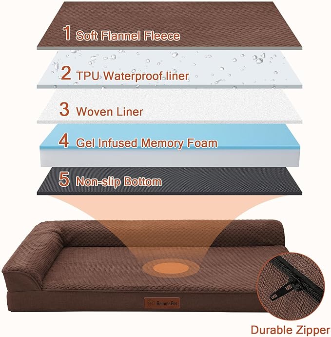 Orthopedic Dog Beds Large Sized Dog, 3 Inch Memory Foam Pet Bed for Medium and Large Dogs, Washable Removable Cover, Nonskid Bottom, Waterproof, 36x27 Inches L Brown Grey