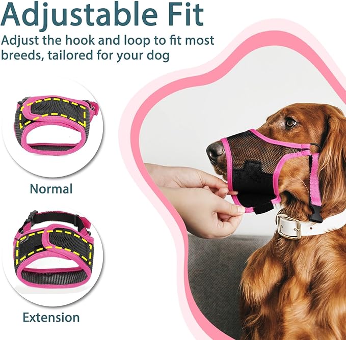 LUCKYPAW Dog Muzzle, Mesh Muzzle for Large Medium Small Dogs, Soft Mouth Guard for Biting Chewing, Breathable Mouth Guard with Adjustable Strap for Training(Hot Pink, XL(Snout:11"-12.25"))