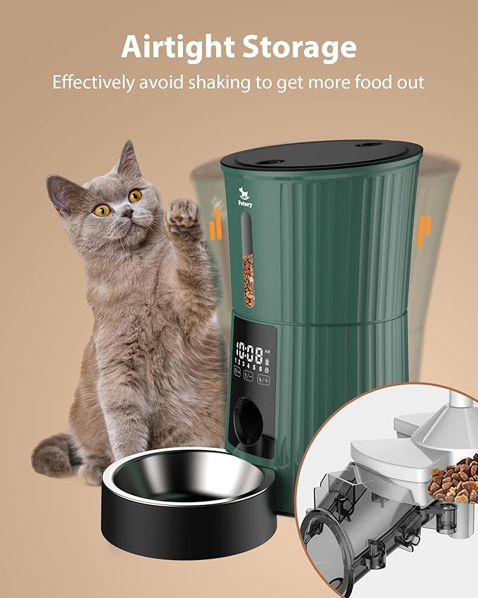 Petory Timed Automatic Cat Feeders - 4L Programable Dry Food Dispenser for Cats and Small Medium Dogs 6 Meals with Desiccant Bag Dual Power Supply 10S Voice Recorder
